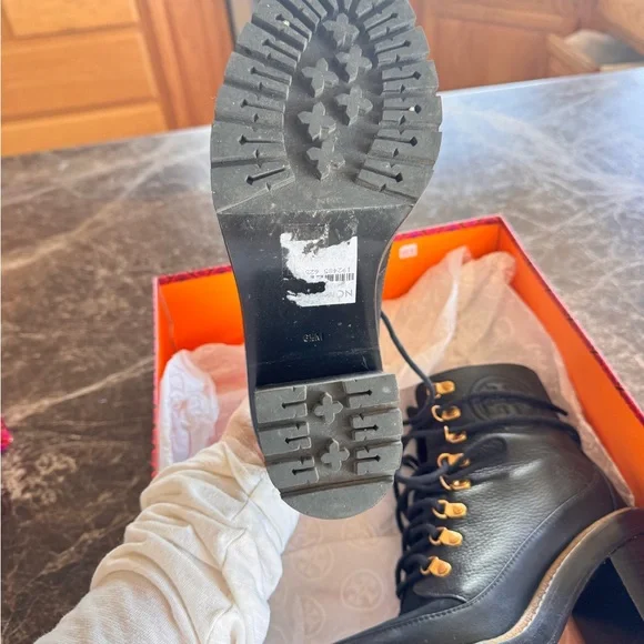 Tory Burch brand Black and Gold Heeled Boots with Chunky Heel - Picture 6 of 11